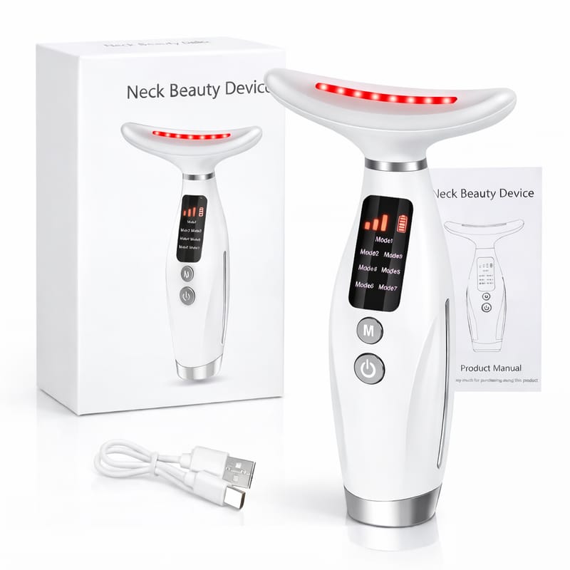 MASAJEADOR REAFIRMANTE PARA CUELLO Y ROSTRO Tecnología LED + Microcorriente EMS para complementar tu rutina facial desde casa