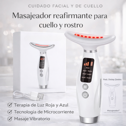 MASAJEADOR REAFIRMANTE PARA CUELLO Y ROSTRO Tecnología LED + Microcorriente EMS para complementar tu rutina facial desde casa