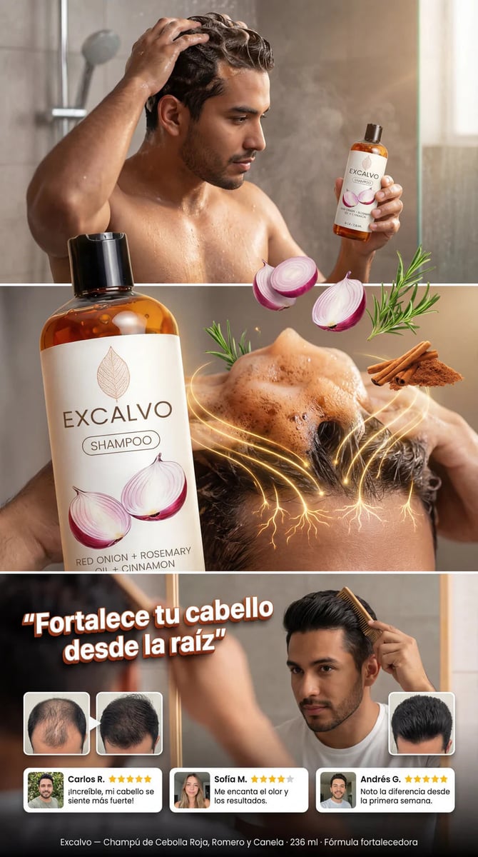 EXCALVO® Shampoo Anticaída | Cabello Más Fuerte, con Mayor Volumen y Apariencia Saludable