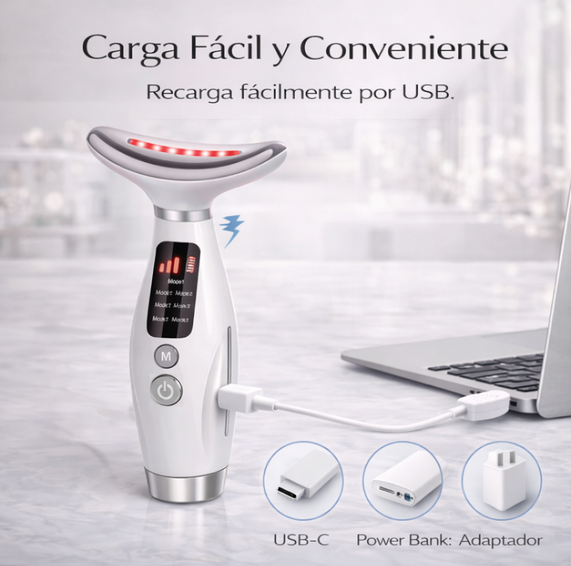 MASAJEADOR REAFIRMANTE PARA CUELLO Y ROSTRO Tecnología LED + Microcorriente EMS para complementar tu rutina facial desde casa