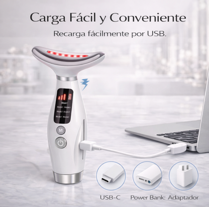 MASAJEADOR REAFIRMANTE PARA CUELLO Y ROSTRO Tecnología LED + Microcorriente EMS para complementar tu rutina facial desde casa