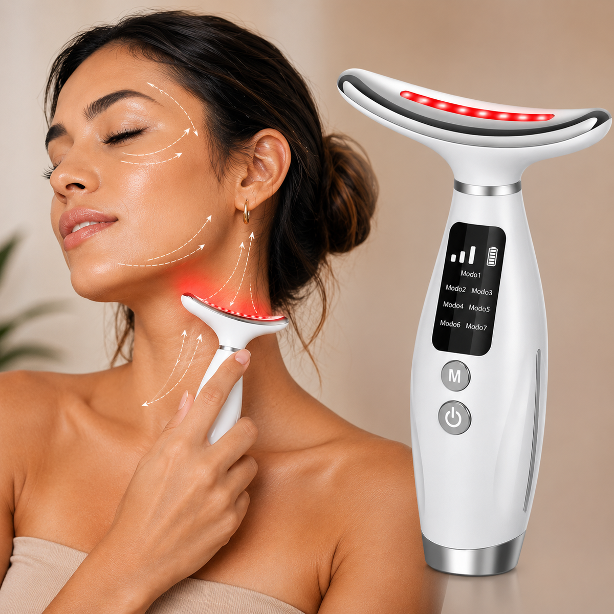 MASAJEADOR REAFIRMANTE PARA CUELLO Y ROSTRO Tecnología LED + Microcorriente EMS para complementar tu rutina facial desde casa