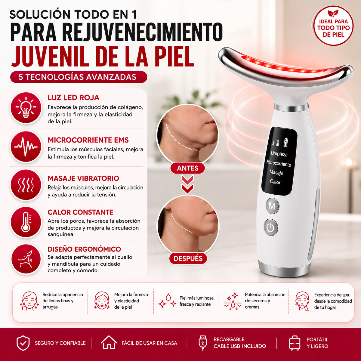 MASAJEADOR REAFIRMANTE PARA CUELLO Y ROSTRO Tecnología LED + Microcorriente EMS para complementar tu rutina facial desde casa