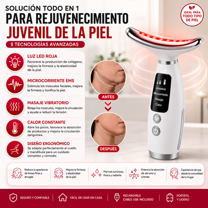 MASAJEADOR REAFIRMANTE PARA CUELLO Y ROSTRO Tecnología LED + Microcorriente EMS para complementar tu rutina facial desde casa