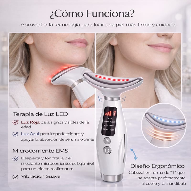 MASAJEADOR REAFIRMANTE PARA CUELLO Y ROSTRO Tecnología LED + Microcorriente EMS para complementar tu rutina facial desde casa